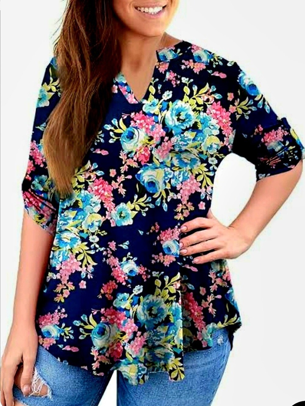 NWT Floral V-Neck Women’s Floral Tunic Top PRETTY VIBRANT COLOR 3X Orig$55+Tax